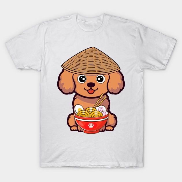 Funny brown dog is eating noodles T-Shirt by Pet Station